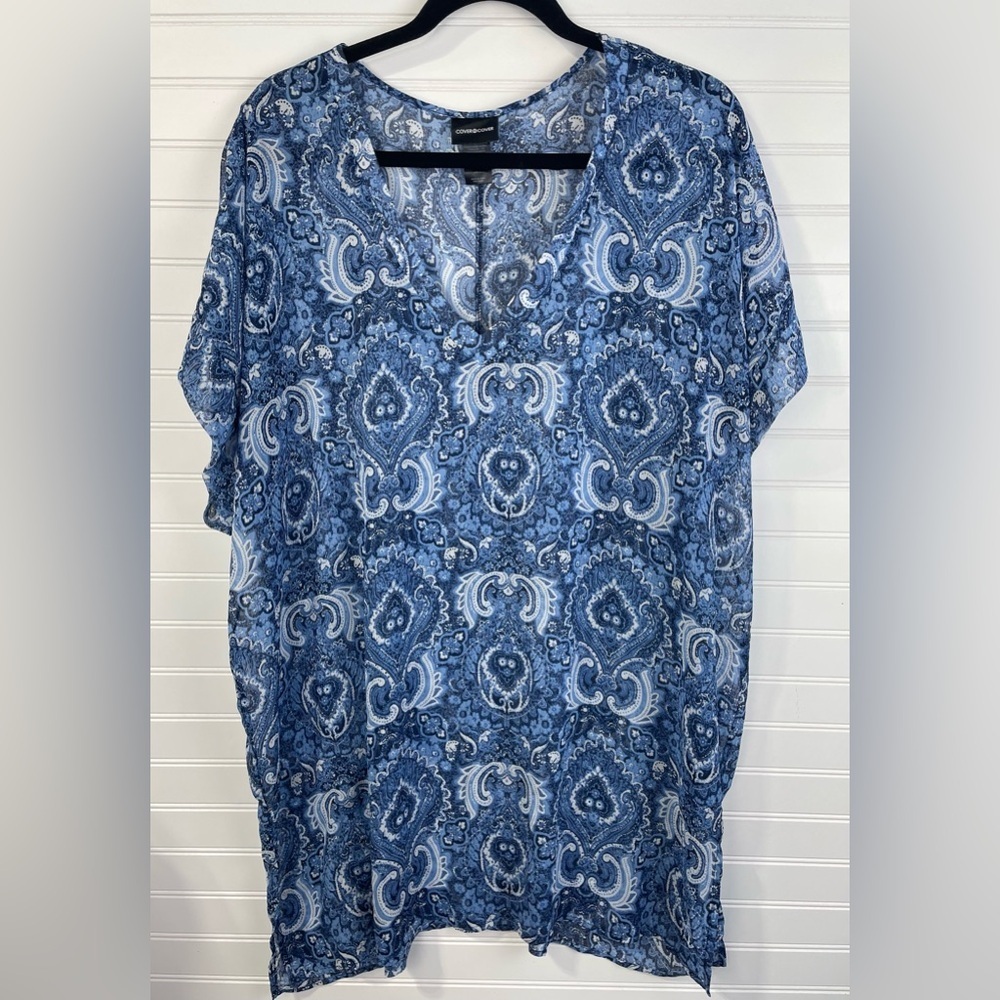 Cover 2 Cover Blue Sheer Paisley Patterned V-Neck Swim Coverup L Women’s EUC